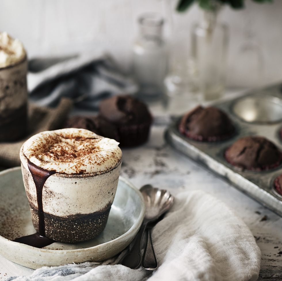 hot chocolate and muffins on rustic table
