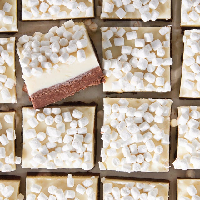 layered fudge with chocolate and marshmallow layers topped with mini marshmallows