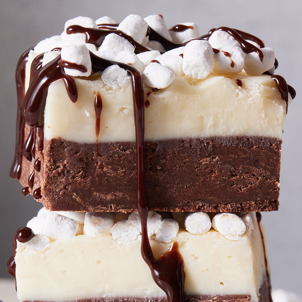 layered fudge with chocolate and marshmallow layers topped with mini marshmallows