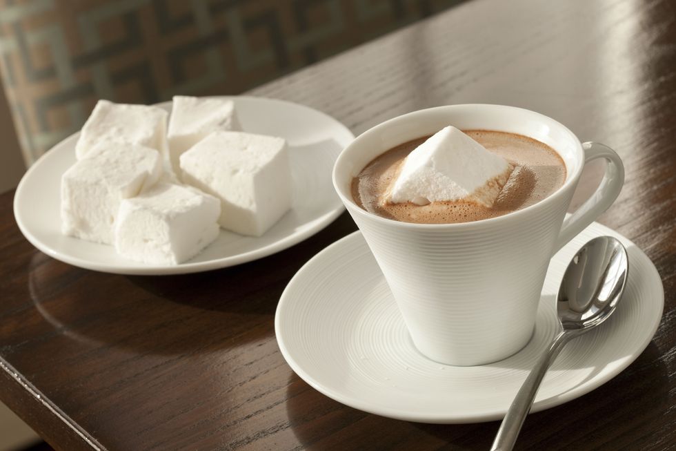 Hot chocolate in white mug with large marshmallows
