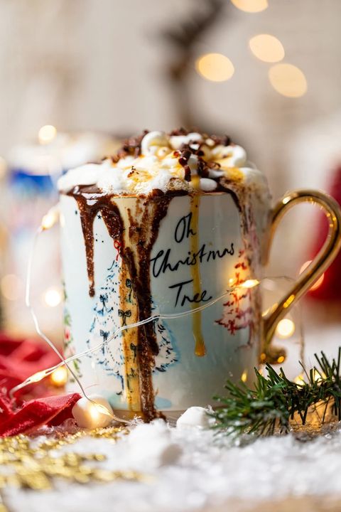 creamy homemade caramel hot chocolate in christmas mug