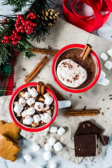 mexican hot chocolate overhead with cinnamon sticks and marshmallow