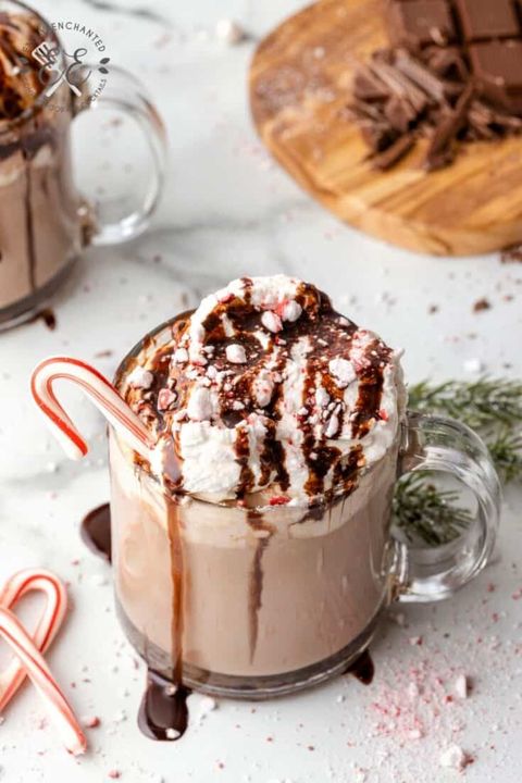 spiked peppermint hot chocolate with candy cane