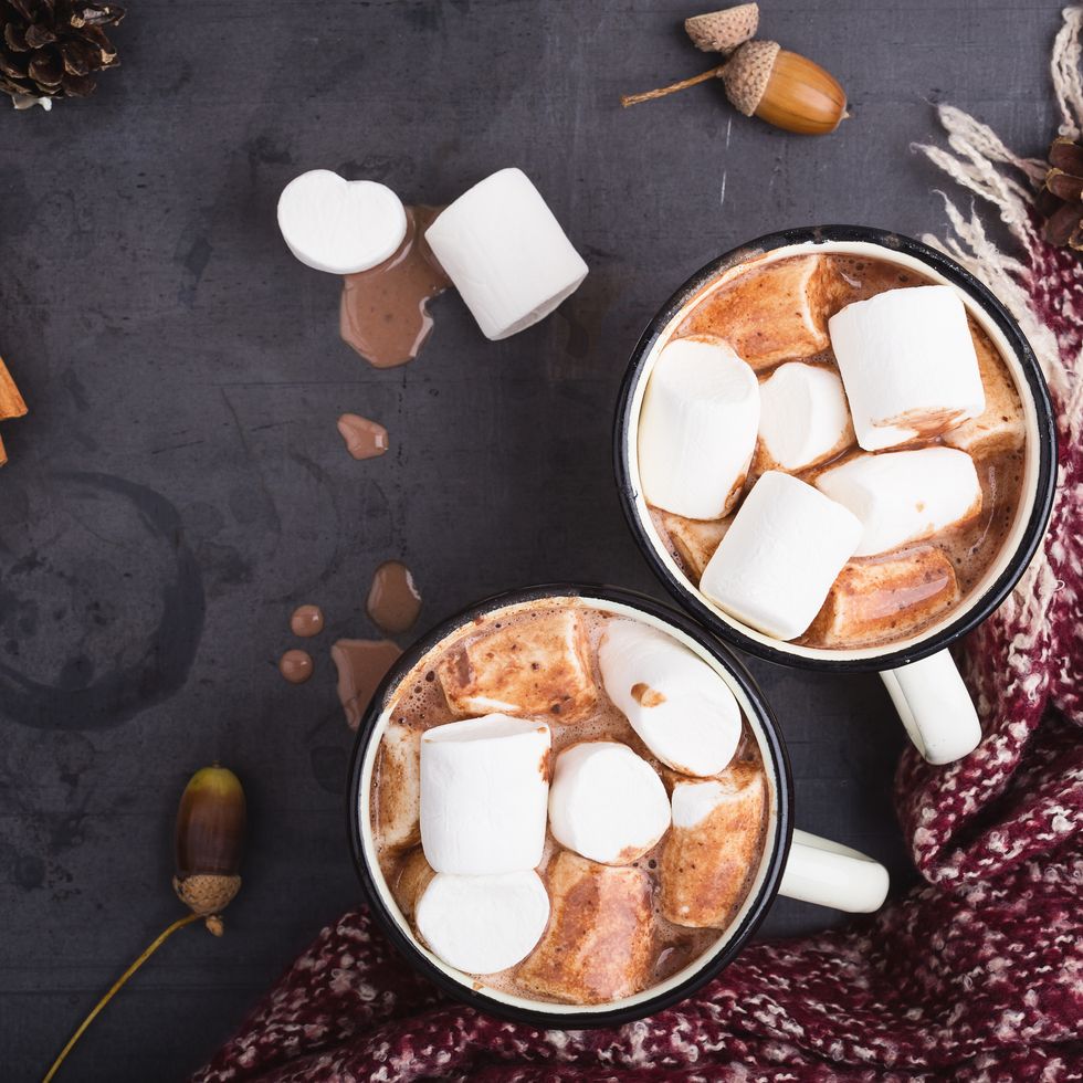 Hot chocolate served in vintage  mugs with marshmallows