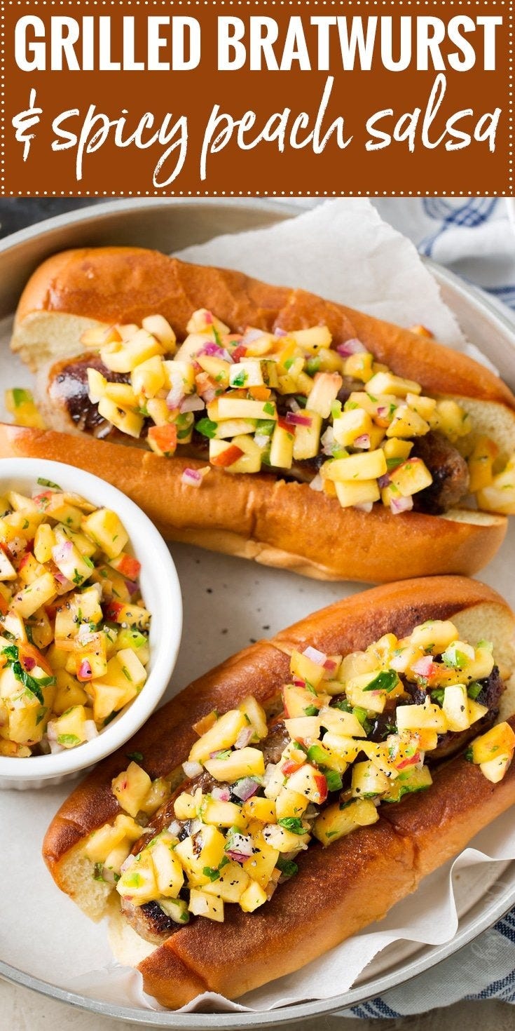 grilled bratwurst with spicy peach salsa