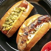 hot dogs and bratwurst with sauerkraut and relish