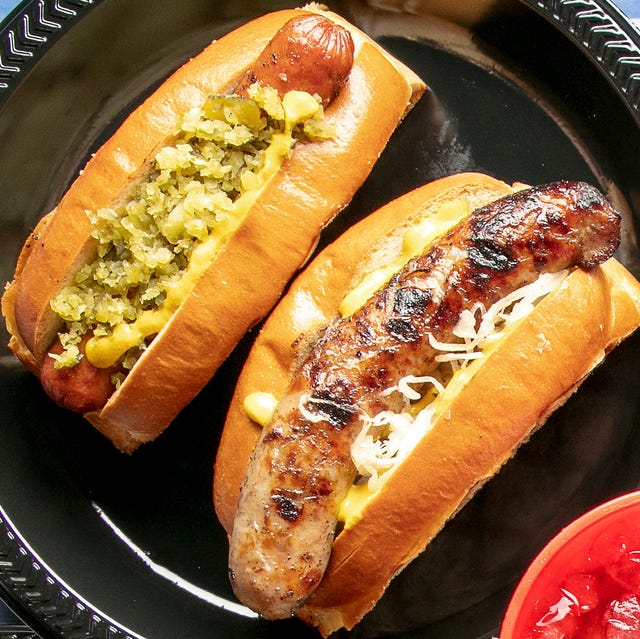 hot dogs and bratwurst with sauerkraut and relish