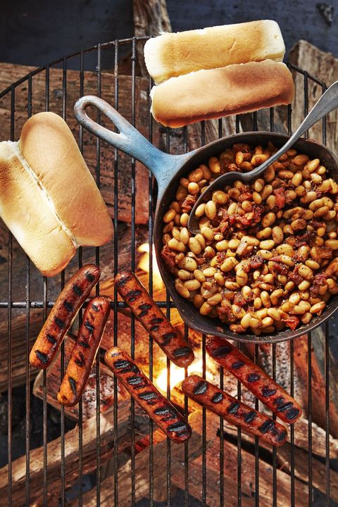 grilled hot dogs with quick cast iron beans