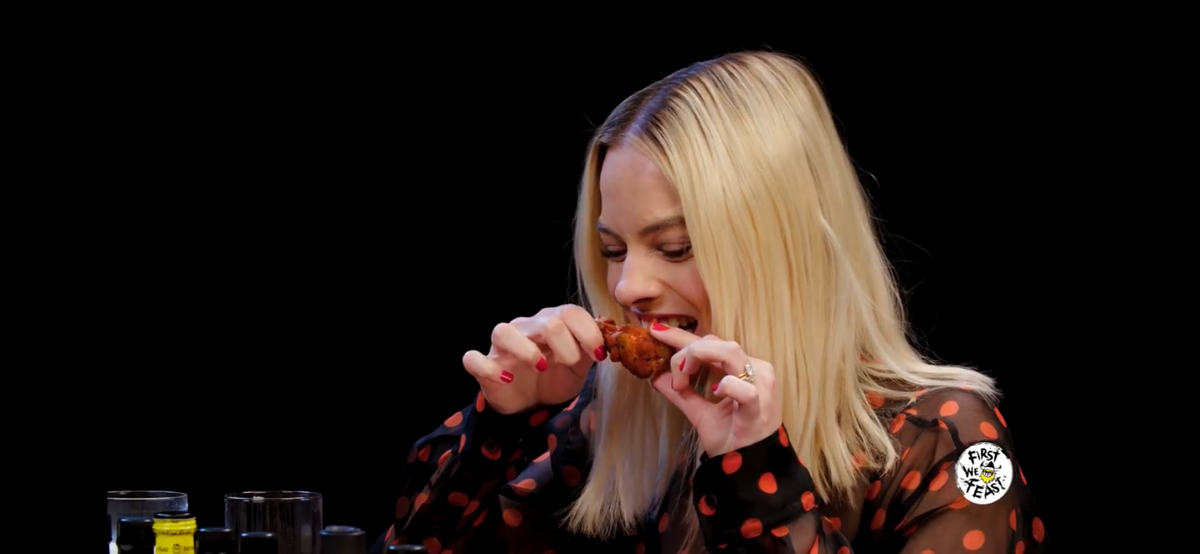 Margot Robbie Sees Her Life Flash Before Her Eyes During Hot Ones Hot Wing  Challenge