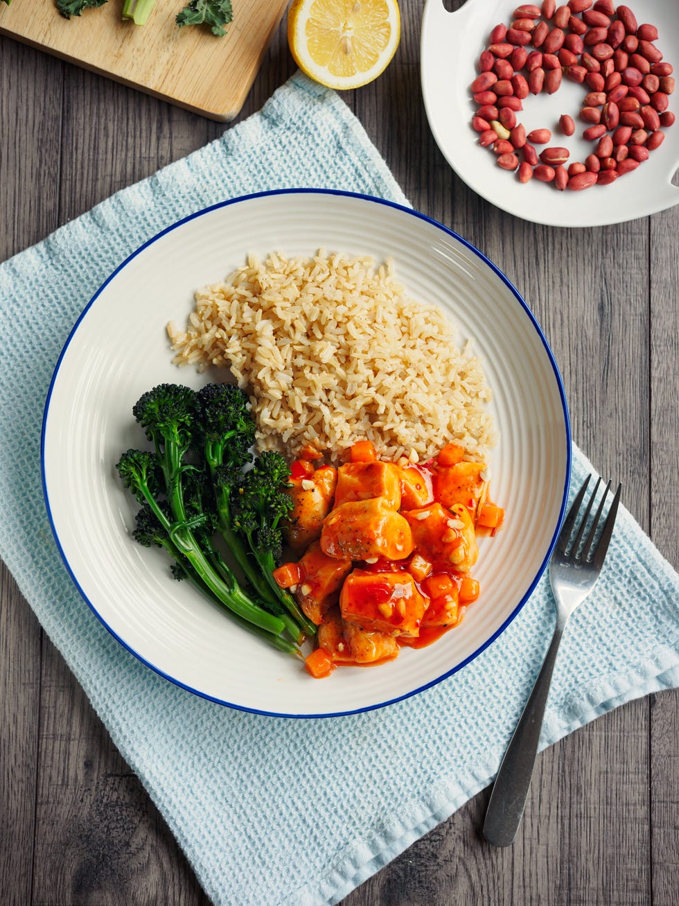 pollo agridulce caliente con arroz integral