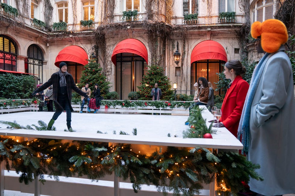 emily in paris l to r bruno gouery as luc, lily collins as emily, samuel arnold as julien in episode 406 of emily in paris