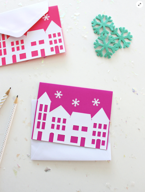 village card in pink and white