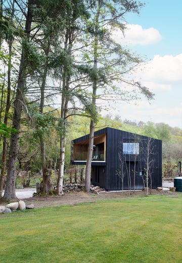 black timber clad house in woodland