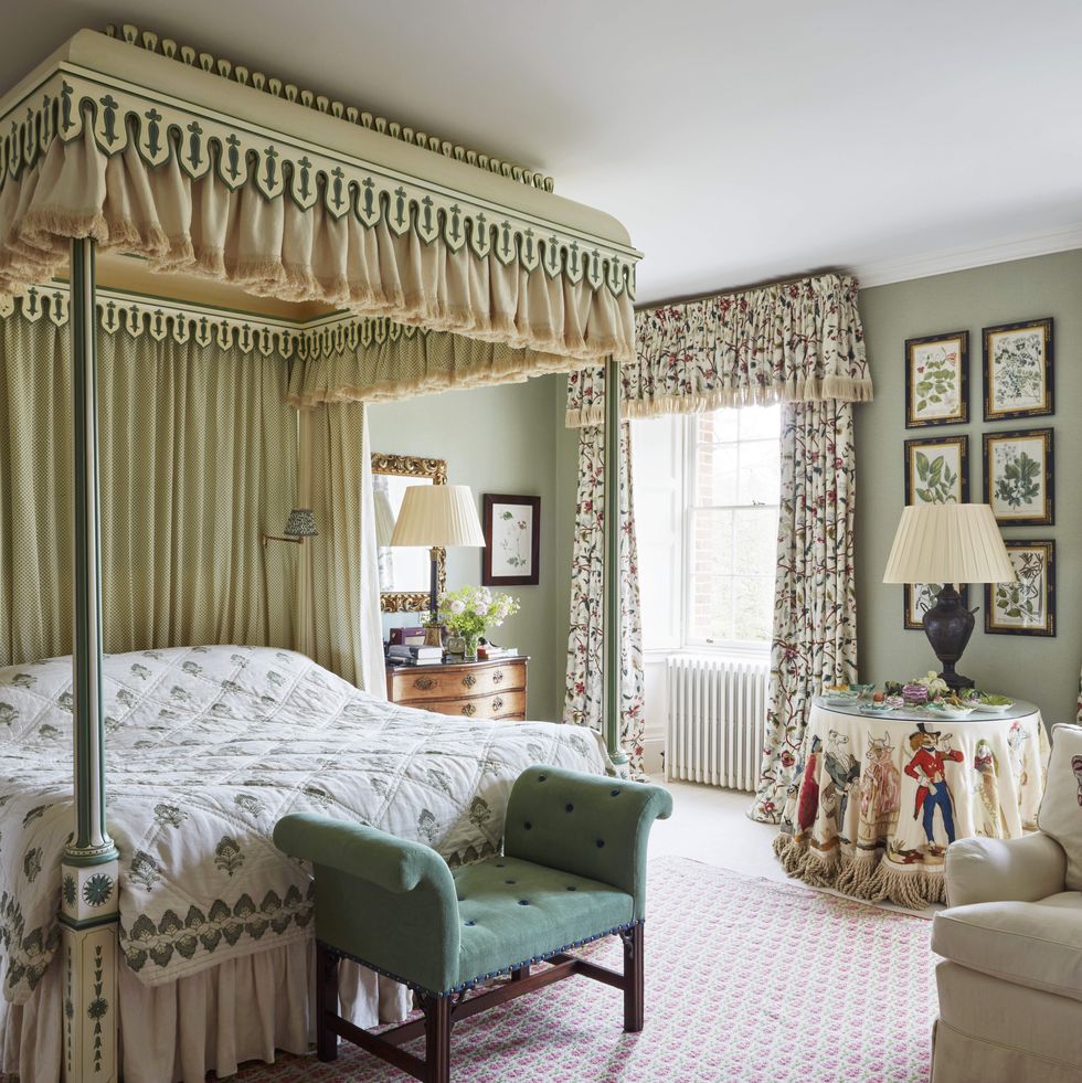 a canopy bed and patterned rug and draperies in a very fancy english bedroom
