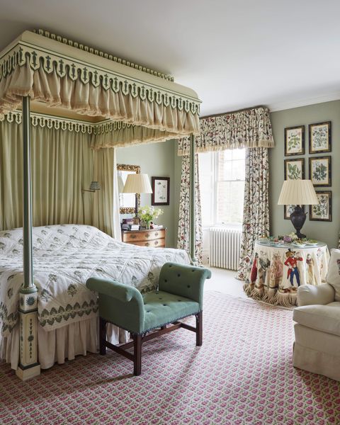 a canopy bed and patterned rug and draperies in a very fancy english bedroom