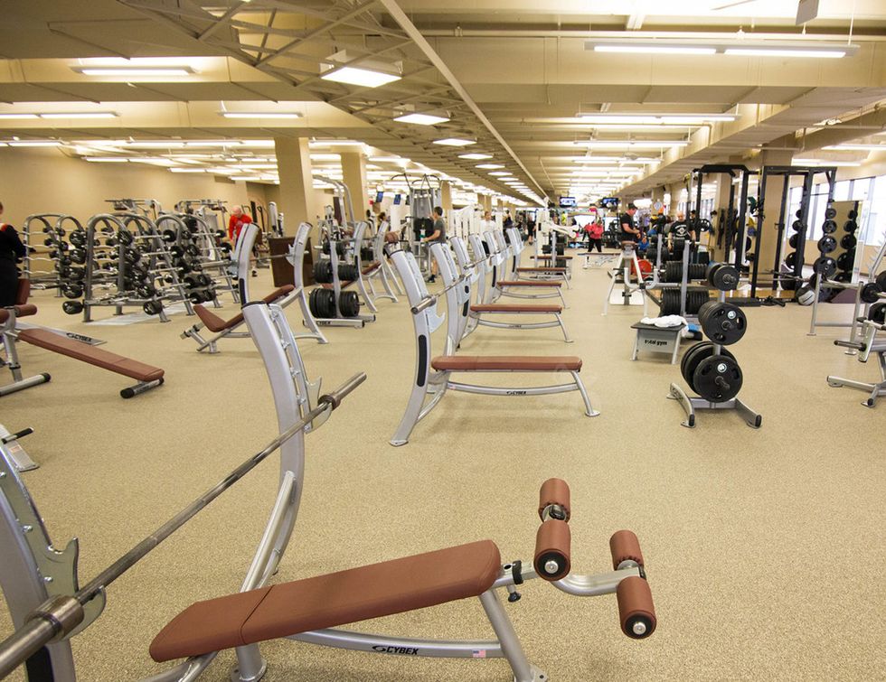 Gym, Physical fitness, Exercise equipment, Sport venue, Room, Weights, Weight training, Bench, Leisure centre, Exercise machine, 