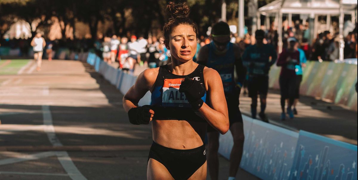 Alexi Pappas crossing the line at the Houston Marathon on Sunday, January 19, 2020 where she PR'd.
