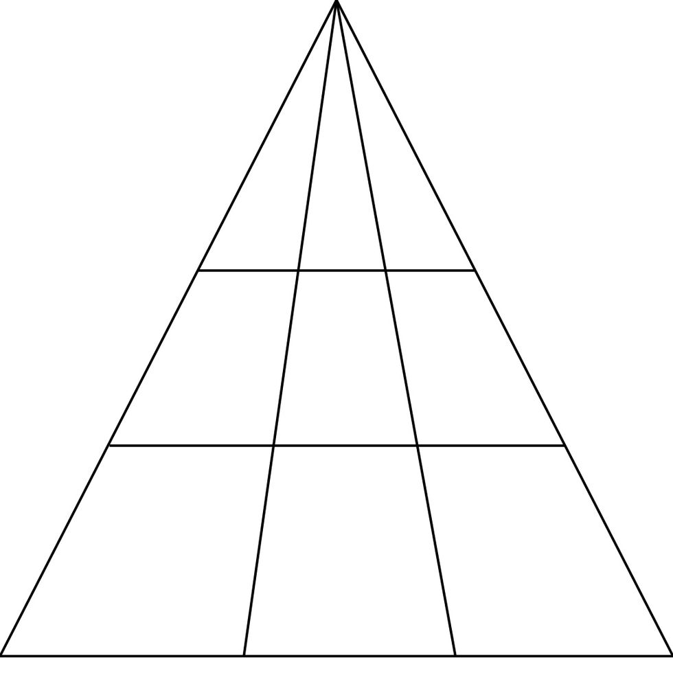 triangle with 2 lines from top point to bottom side and 2 lines cutting across creating 9 sections but 18 possible triangles