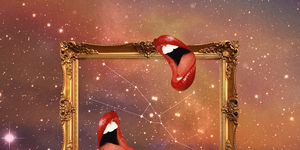 a picture frame over a starry sky with two open mouths over it