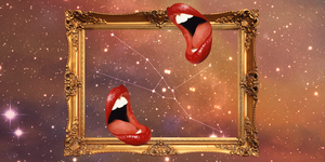 a picture frame over a starry sky with two open mouths over it