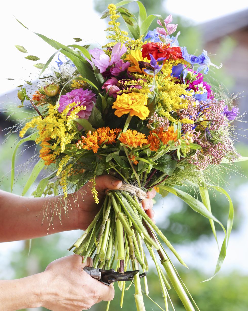 trimming the stems of a cut flower bouquet