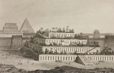 reconstruction of the hanging gardens of babylon, iraq, engraving by lemaitre from chaldee, assyrie, medie, babylonie, mesopotamie, phenicie, palmyrene by ferd hoefer, l'univers pittoresque, published by firmin didot freres, paris, 1852