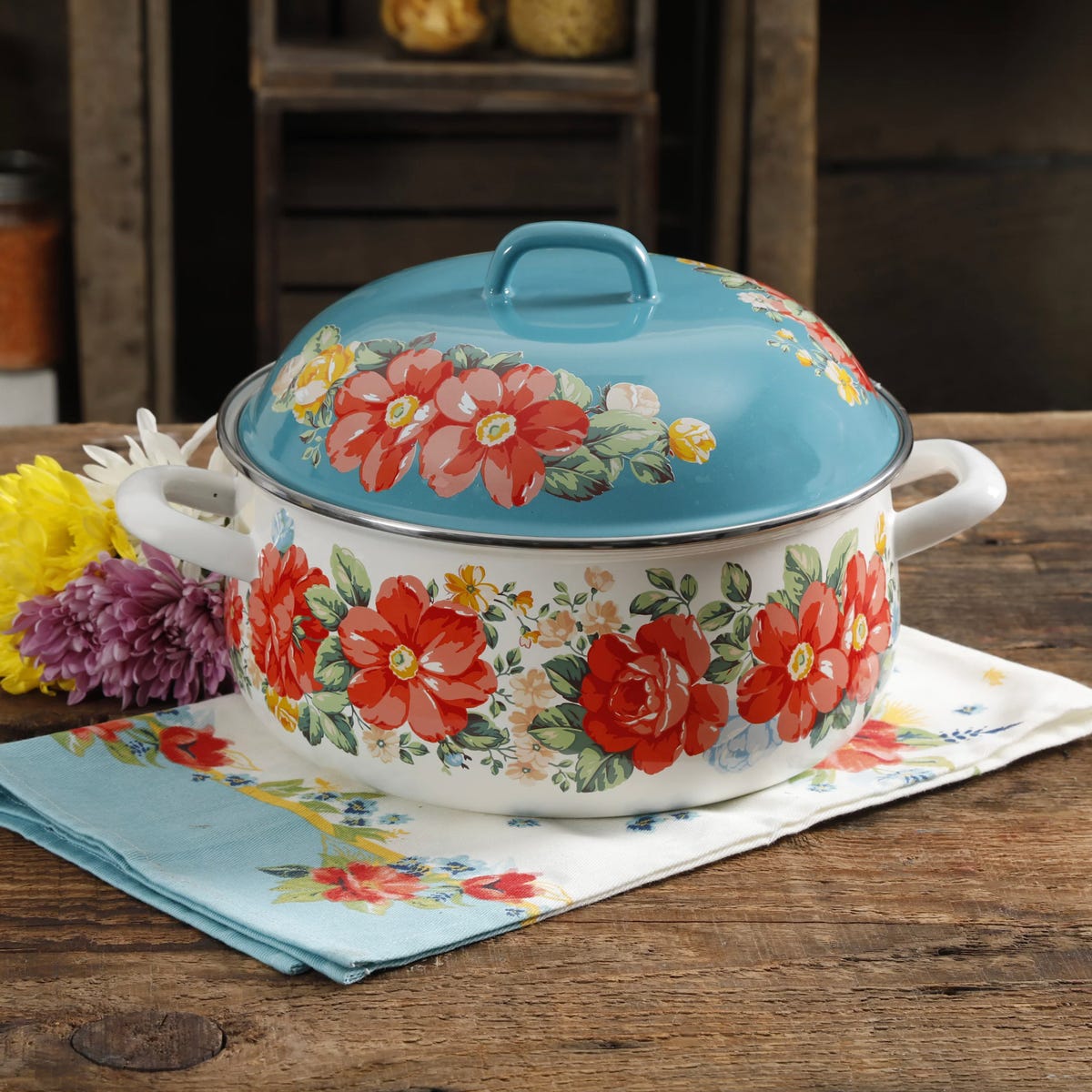 The Pioneer Woman Vintage Floral 4 Quart Enamel Cast Iron Dutch