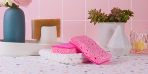 sponge on white dishcloth with ceramic plant holders on a pink tile background