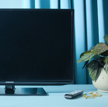 flat screen tv on blue shelf with ceramic plant holders and tv temote