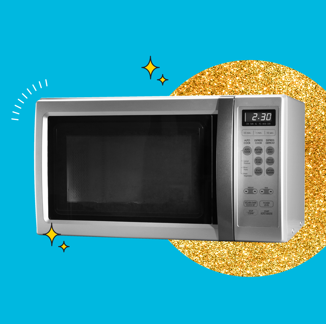 a silver microwave on a blue background