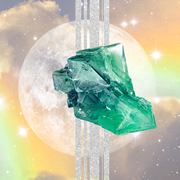 a green crystal is placed in front of a full moon with silver lines behind it and a background of a cloudy rainbow sky