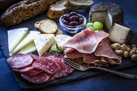 Charcuterie, cheese, and olive platter.