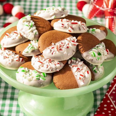 chocolate candy cane cookies on cake stand