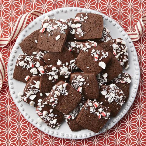 chocolate peppermint slice bake cookies with red background