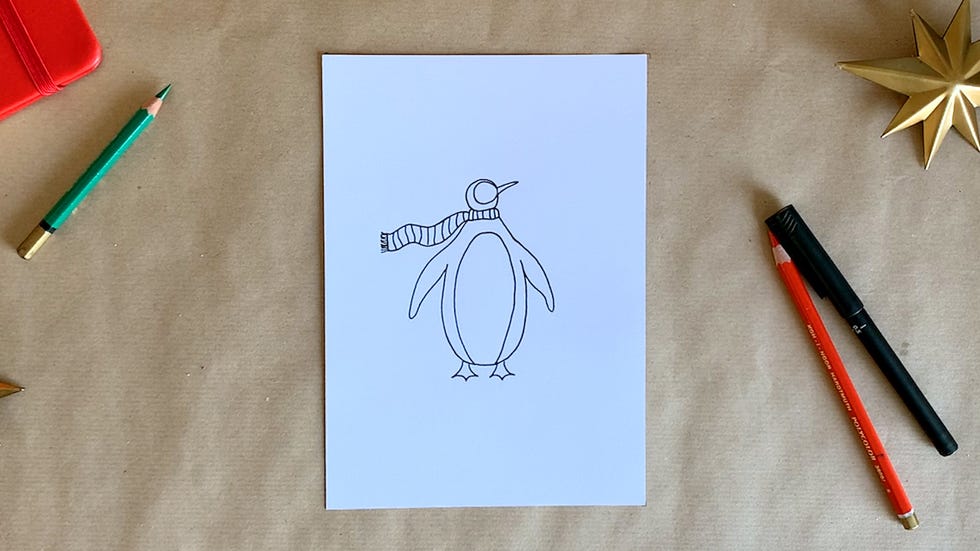 hand drawn image of a penguin in black pen on white paper