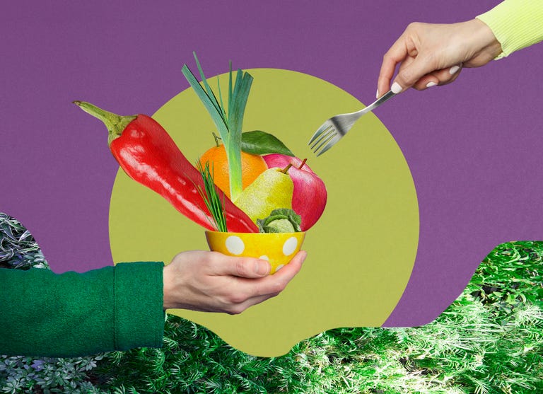 collage of hands eating fruit and vegetables