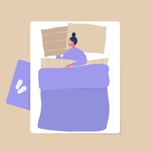 top view of a female character sleeping in a bedroom, modern interior and lifestyle