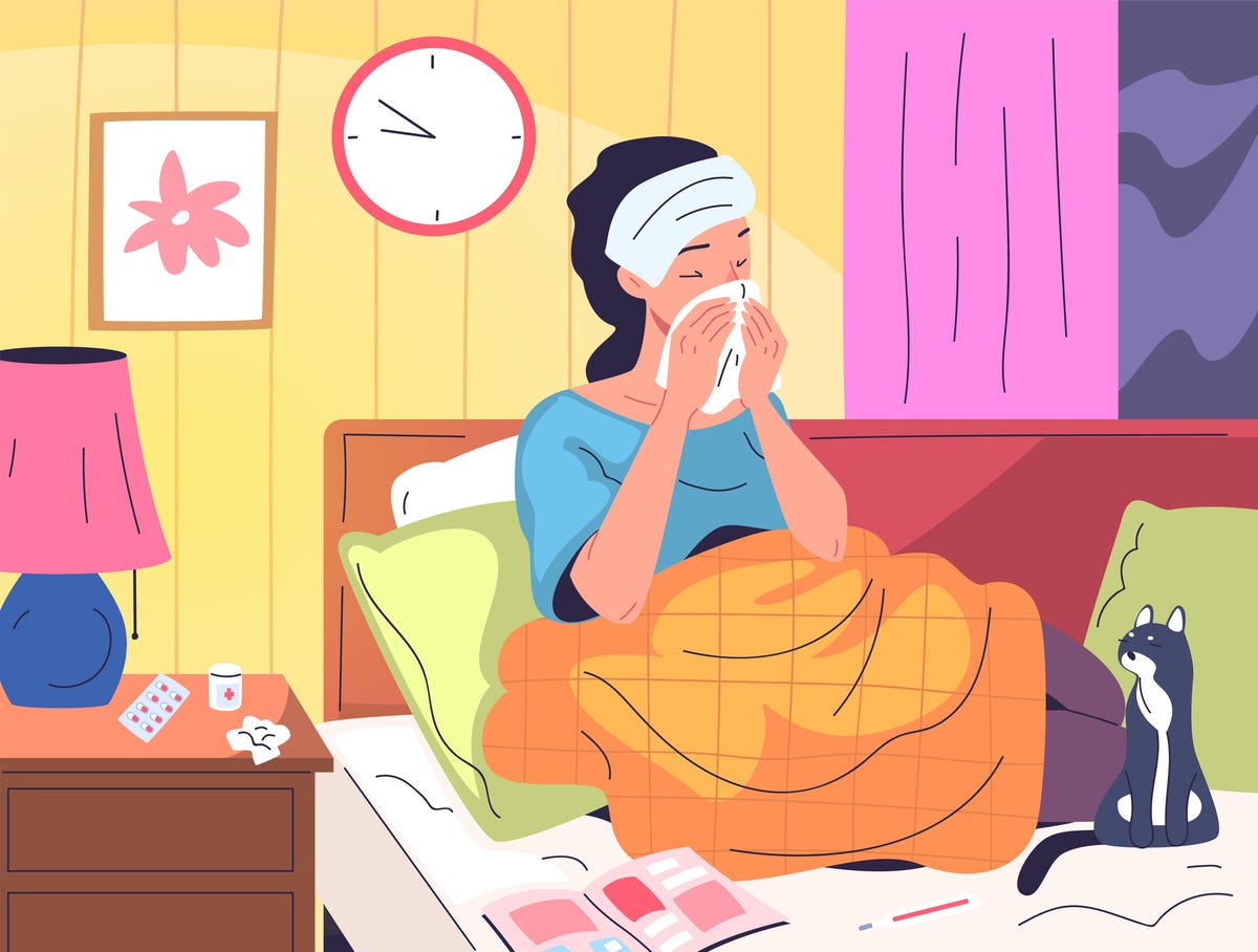 sick woman in blanket unwell girl cold ill flu in bed cover blanket, illness recovery lady sneeze with paper towel seasonal sickness home treatment, classy vector illustration original artwork