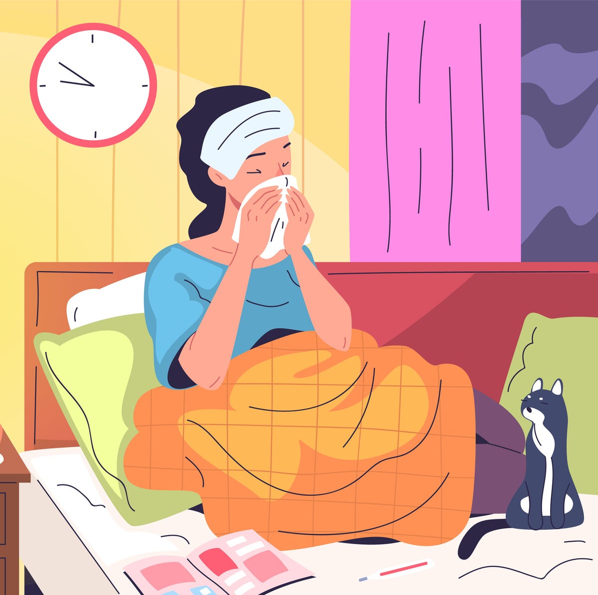 Sick woman in blanket. Unwell girl cold ill flu in bed cover blanket, illness recovery lady sneeze with paper towel seasonal sickness home treatment, classy vector illustration sick woman in blanket unwell girl cold ill flu in bed cover blanket, illness recovery lady sneeze with paper towel seasonal sickness home treatment, classy vector illustration original artwork