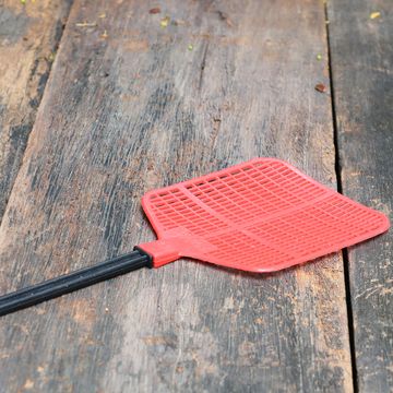 red fly swatter single flyswatter made of plastic and unfailing in catching flies on wooden floor background