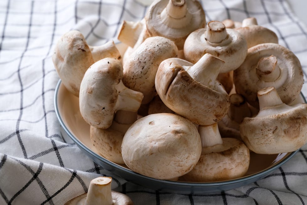 a bunch of whole raw fresh mushrooms in a plate, on a white table or background mushrooms are like vegetable protein the concept of vegetarian and vegan food and diet veganism and vegetarianism cooking at home or in a restaurant