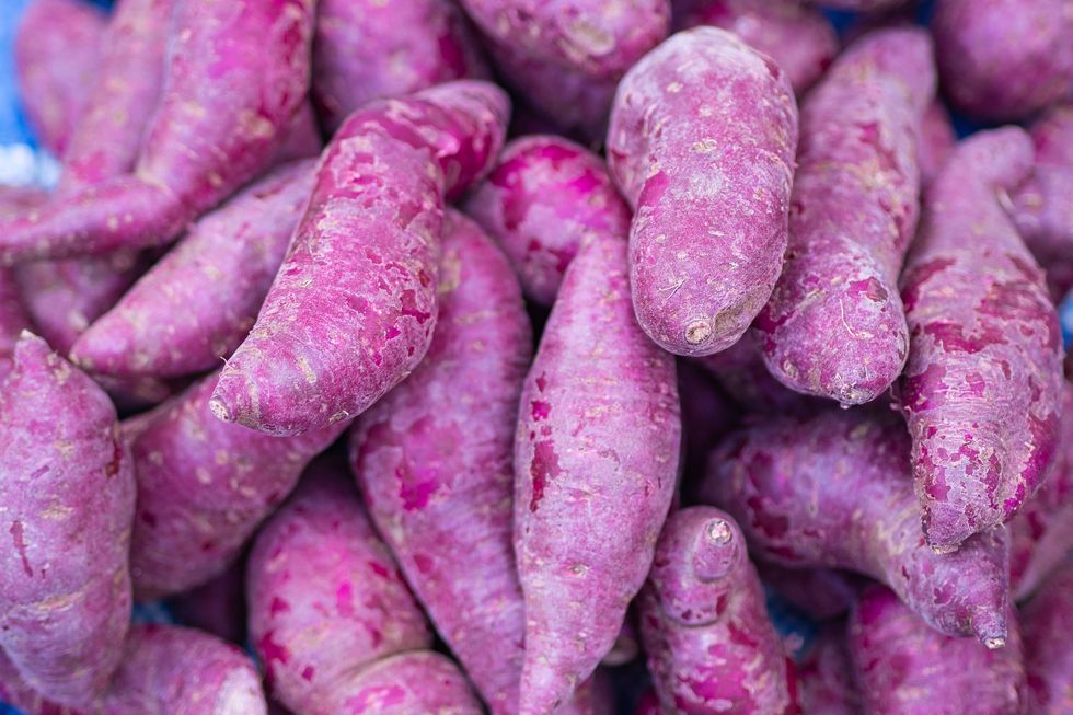 how to grow sweet potatoes, close up of purple sweet potatoes