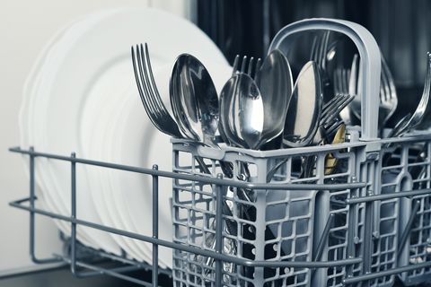silverware in basket of dishwasher