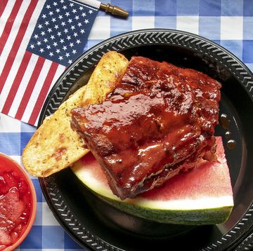 sweet and smoky ribs with barbecue sauce and watermelon with american flag