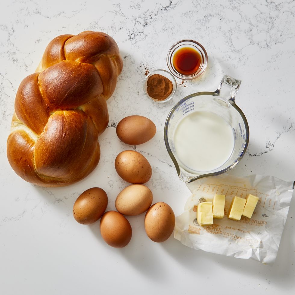 bread, butter, eggs, milk, cinnamon and vanilla