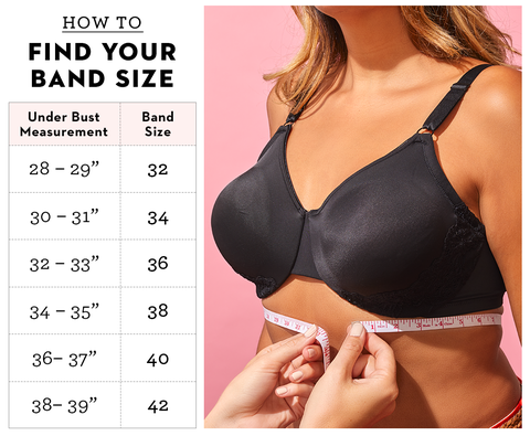 a chart of under bust measurements in inches and their corresponding band sizes next to a photo of a woman in a black bra being measured with a measuring tape