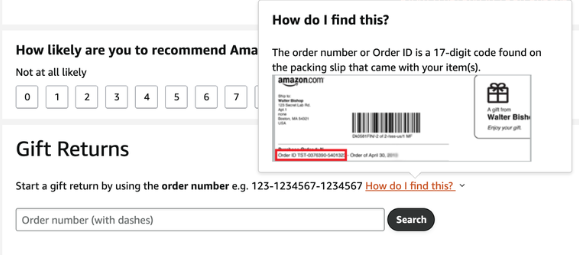 17 digit order number for the returned item explainer