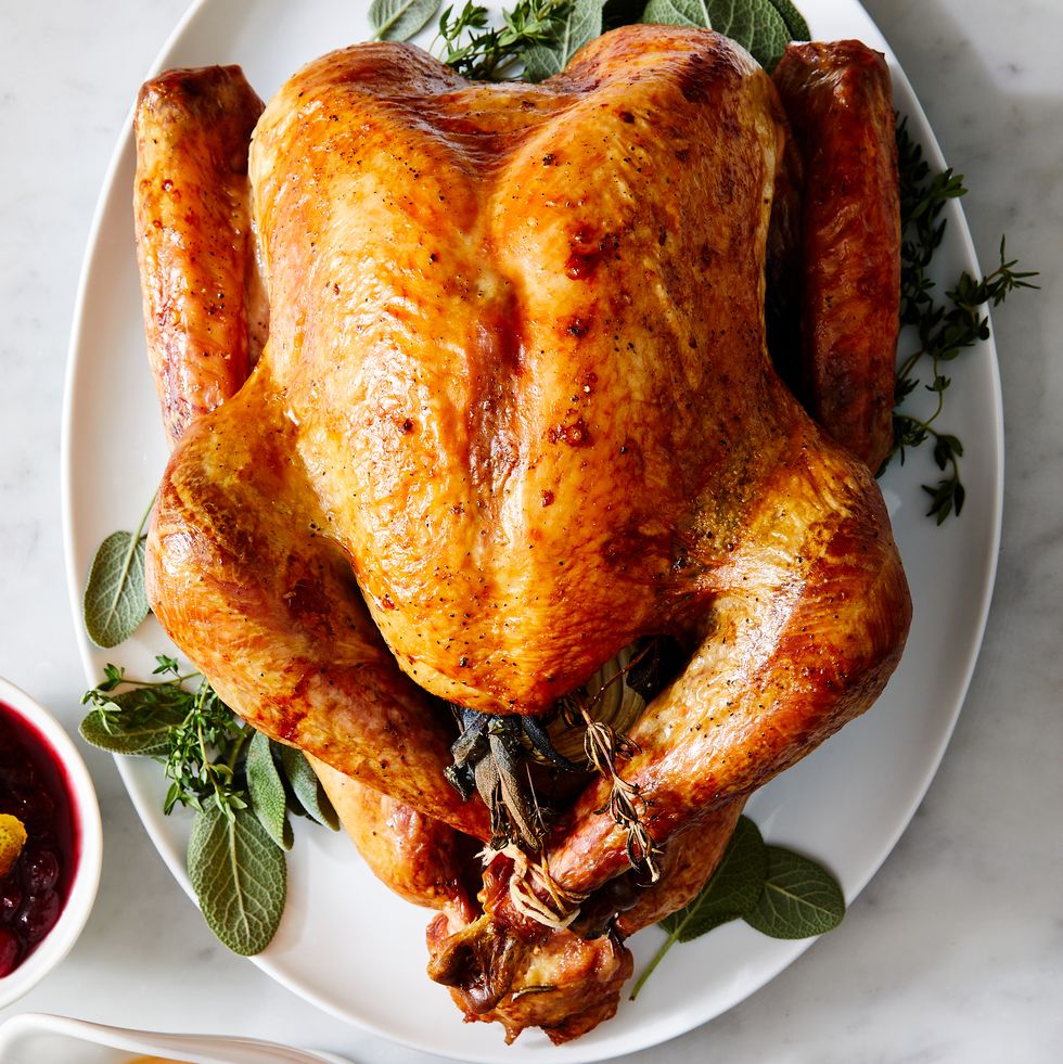 roasted turkey on a platter with fresh herbs, gravy, and cranberry sauce