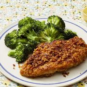 breaded chicken and steamed broccoli