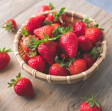strawberries in a wooden bowl